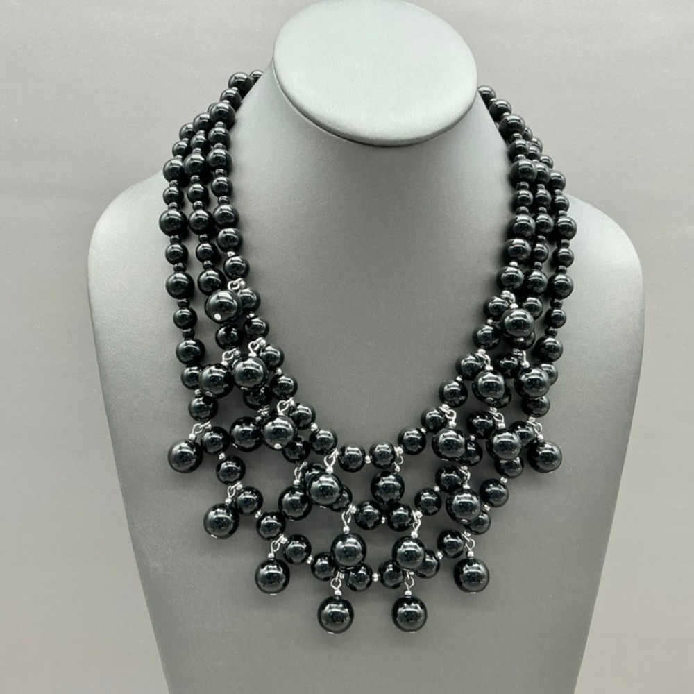 Talbots Necklace Women Black Multi Strand Beaded Dangle Statement Jewelry 9488